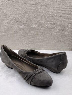 Array Grey Suede Leather Ruching Upper Almond Toe Slip On Low Wedged Heel Shoe
